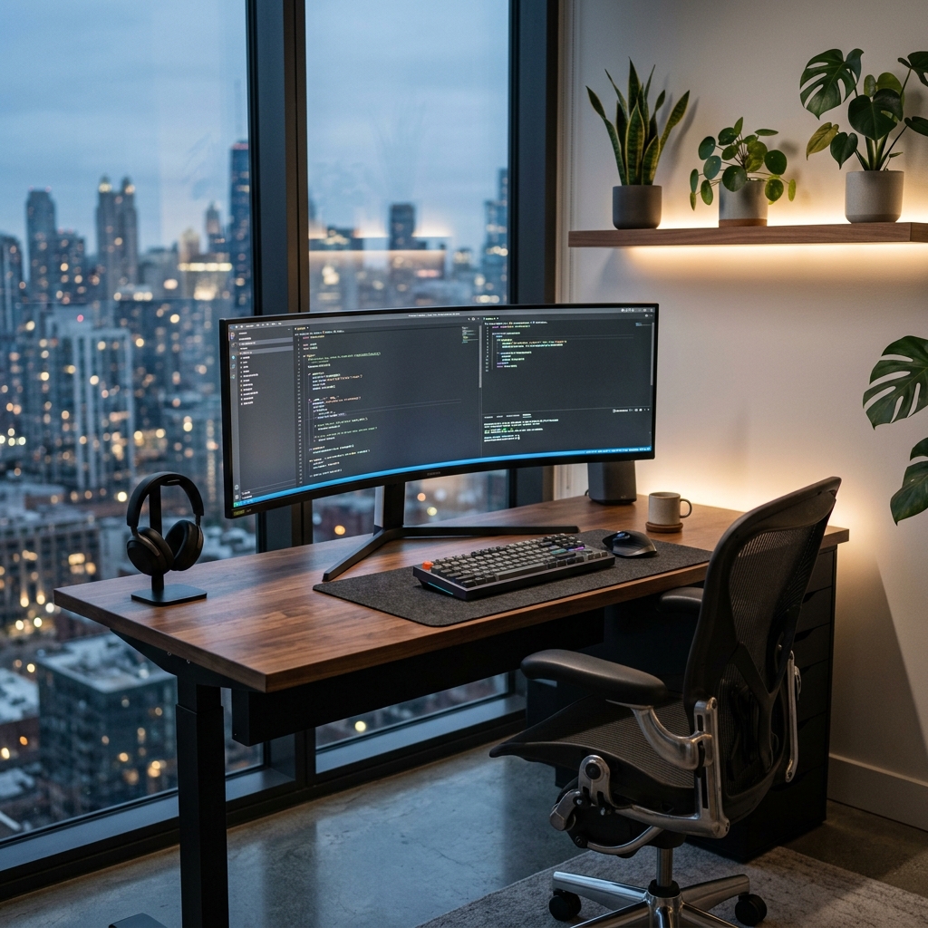 Modern home office setup with clean desk and laptop